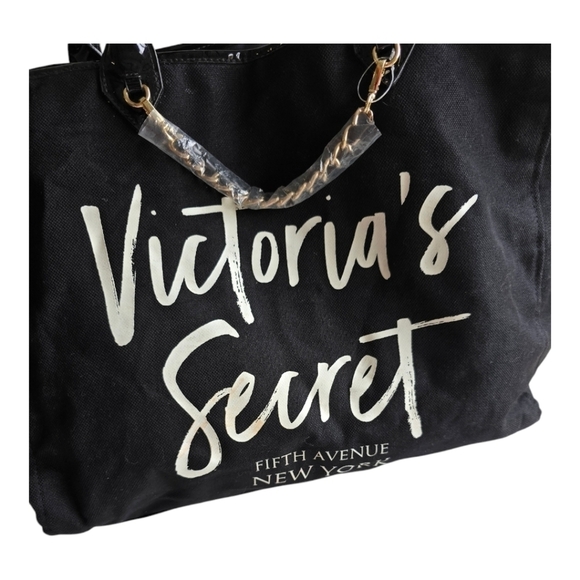 Victorias Secret Weekender Tote Shoulder Bag Gold Chain Black White Beach New - Picture 3 of 13